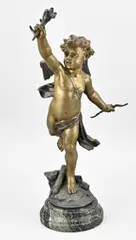Samac beeld, Cupido, Antiek Frans Samac metalen cupido op marmeren basement