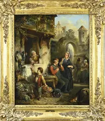 Henricus Engelbertus Reijntjens, Dorpsstraat met markt en figuren, Olieverf op linnen
