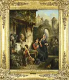 Henricus Engelbertus Reijntjens, Dorpsstraat met markt en figuren, Olieverf op linnen