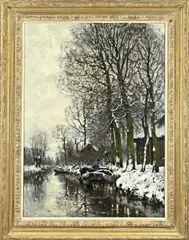 P.P. Schiedges, Hollands wintergezicht met roeiboten en boer, Olieverf op linnen