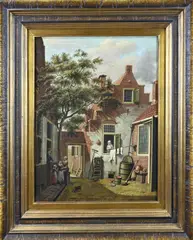 P.C. Westenberg, Hollands binnenhof met figuren, Olieverf op linnen