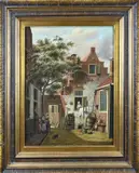 P.C. Westenberg, Hollands binnenhof met figuren, Olieverf op linnen