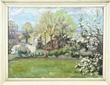 W Emmy Meijer, Landschap met boerderij en bloesembomen, Olieverf op paneel