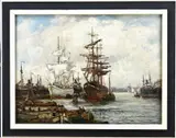 Evert Moll, Driemasters in Rotterdamse haven, Olieverf op linnen