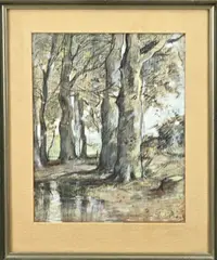 Théophile de Bock, Bosgezicht met beek, Pastel op papier