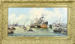 J. van Delden, Rotterdams haven met schepen, Olieverf op linnen