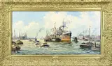 J. van Delden, Rotterdams haven met schepen, Olieverf op linnen