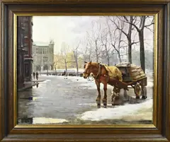 Paard en wagen in winterse stad by W. Heinecke, Olieverf op linnen, sold Jul 2024