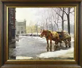 W. Heinecke, Paard en wagen in winterse stad, Olieverf op linnen