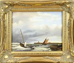 H. Mos, Hollands zeegezicht met vissersboten, Olieverf op paneel