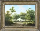 H.P. Koekoek, Zonnig bospad met paardenkar en figuren, Olieverf op paneel