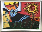 Guillaume Cornelis van Beverloo, Vrouw met kat en zonnebloem, Litho op textiel