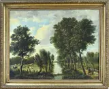 Hollandse School, Figuren bij kanaal, Olieverf op linnen
