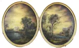 Italiaanse ruïnes by Paar ovale landschap schilderijen, Olieverf op board, sold Jul 2024