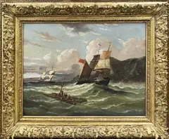 Engelse 2-master voor kust met schipbreukelingen by Willem Linnig Sr., Olieverf op linnen, sold Jul 2024