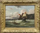 Willem Linnig Sr., Engelse 2-master voor kust met schipbreukelingen, Olieverf op linnen
