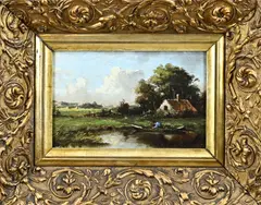 Monogram A.M. Geijp, Landschap met boerderij en man in roeiboot, Olieverf op paneel