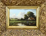 Monogram A.M. Geijp, Landschap met boerderij en man in roeiboot, Olieverf op paneel