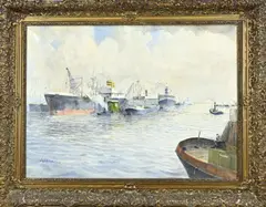 Ad Haan, Havengezicht Rotterdam, Olieverf op linnen
