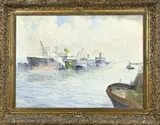 Ad Haan, Havengezicht Rotterdam, Olieverf op linnen