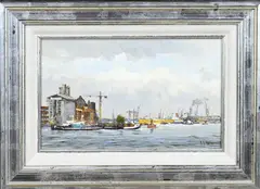 Frits Goosen, Rotterdamse haven, Olieverf op paneel