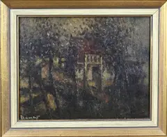 Henri Daalhoff, Bomen met boerderij, Olieverf op paneel