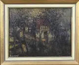 Henri Daalhoff, Bomen met boerderij, Olieverf op paneel