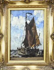 Wilhelm Hambüchen, Bomschuit met vissersvolk, Olieverf op paneel