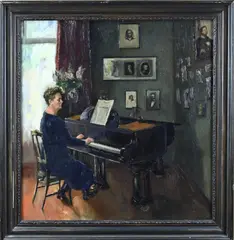 Onduidelijk monogram, Dame speelt piano in woonkamer, Olieverf op linnen