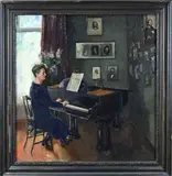 Onduidelijk monogram, Dame speelt piano in woonkamer, Olieverf op linnen