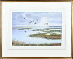 Richard Robjent, Plasgezicht met eenden, Aquarel op papier