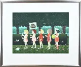 Dolf Zwerver, Figuren in tuin, Lithografie op papier