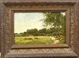 Onduidelijk gesigneerd, Landschap met boerderij, Olieverf op linnen