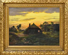Onduidelijk monogram, Boerderij in bij avond, Olieverf op linnen