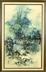 Thio Siao Tjin, Bosgezicht met waterval, 1970, Olieverf op linnen