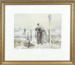 Mari ten Cate, Vissersdorp met ijspret, Aquarel op papier
