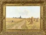 Willem Frederik Noordijk, Landschap met boeren en korenschoven, Olieverf op linnen