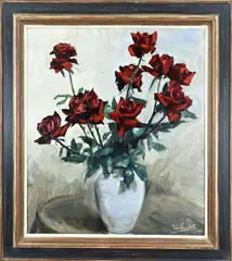 Vaas met rode rozen by Piet van Wijngaerdt, Olieverf op linnen, sold Apr 2024