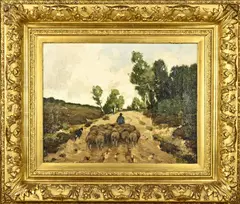 Martinus Nefkens, Zandpad met herder en schapen, Olieverf op linnen