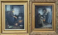 Figuren bij haardplaats by Twee werken van Hein Smit, Olieverf op linnen H 34 x B 28 cm. + Olieverf op paneel H 33 x B 25 cm, sold Apr 2024