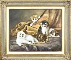 J.W. van Trirum, Stilleven met kittens, Olieverf op paneel
