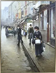 Paul Juang, Figuren in straat rond 1900, Olieverf op linnen