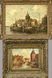 Twee antieke schilderijen, Haven Enkhuizen/Haven met figuren, 1x Ongesigneerd, haven Enkhuizen, olieverf op paneel, afmeting: H 19 x B 25 cm., circa 1900
