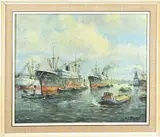 Draagt signatuur C.F. Vreeswijk, Havengezicht Rotterdam, Olieverf op linnen