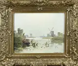 Jan Simon  Knikker, Poldergezicht met visser en gemalen, Olieverf op linnen