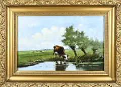 C. van Dijkhof, Landschap met koeien en knotwilgen, Olieverf op linnen