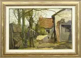 Adriaan la Rivière, Boerderij met boer en kippen, Olieverf op linnen