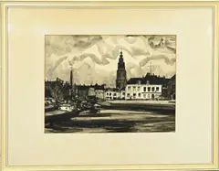 Stadsgezicht met boten by Jannes de Vries, Wassende inkt op papier, sold Apr 2024