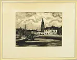 Jannes de Vries, Stadsgezicht met boten, Wassende inkt op papier