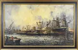 Wim Bos, Rotterdamse haven, Olieverf op linnen